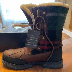 Polo Ralph Lauren Elisa Timber/Blanket Plaid Leather Boots w Shearling 8.5 D NEW